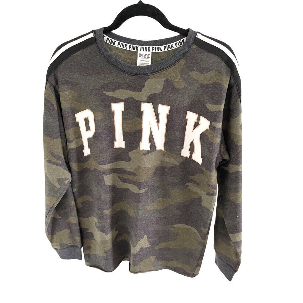 PINK Victoria's Secret Crew Foil Trim Logo Sweatshirt Camo Camouflage Size‎ XS